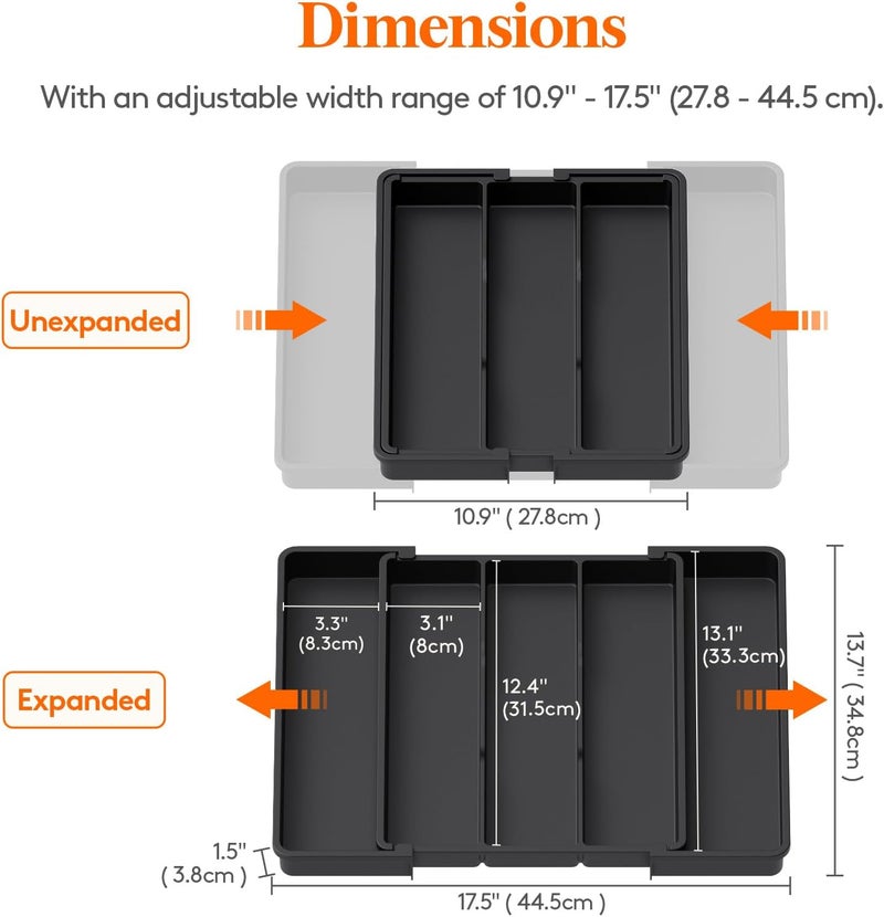Lifewit Utensil Organizer for Kitchen Drawers, Expandable Cooking Utensil Tray, Adjustable Cutlery Silverware Flatware Holder, Plastic Spatula Tools and Gadgets Storage Divider, Black, 11"-18" x 14" - Image 3